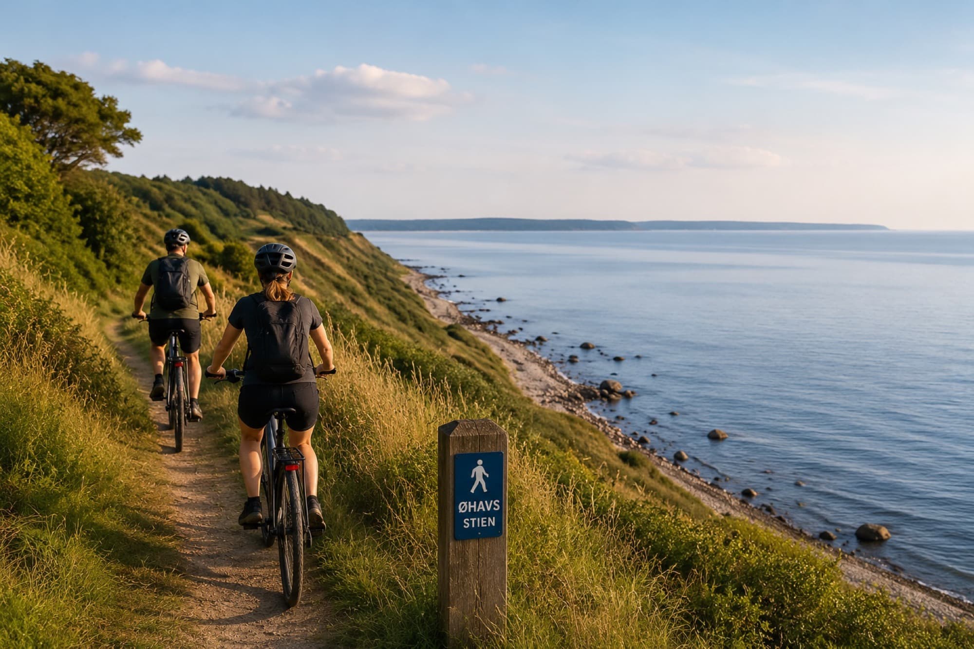 To cyklister på Øhavsstien langs kysten på Nordlangeland