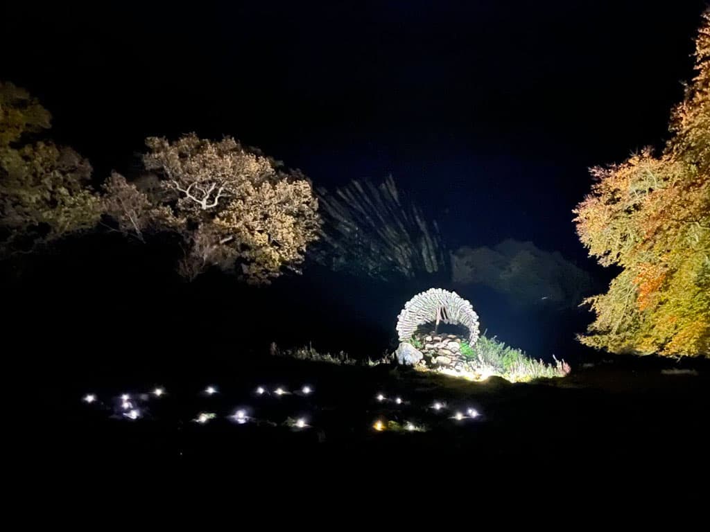 En oplyst flettet portal med lys spredt på jorden, fotograferet om aftenen i TICKON-parken.