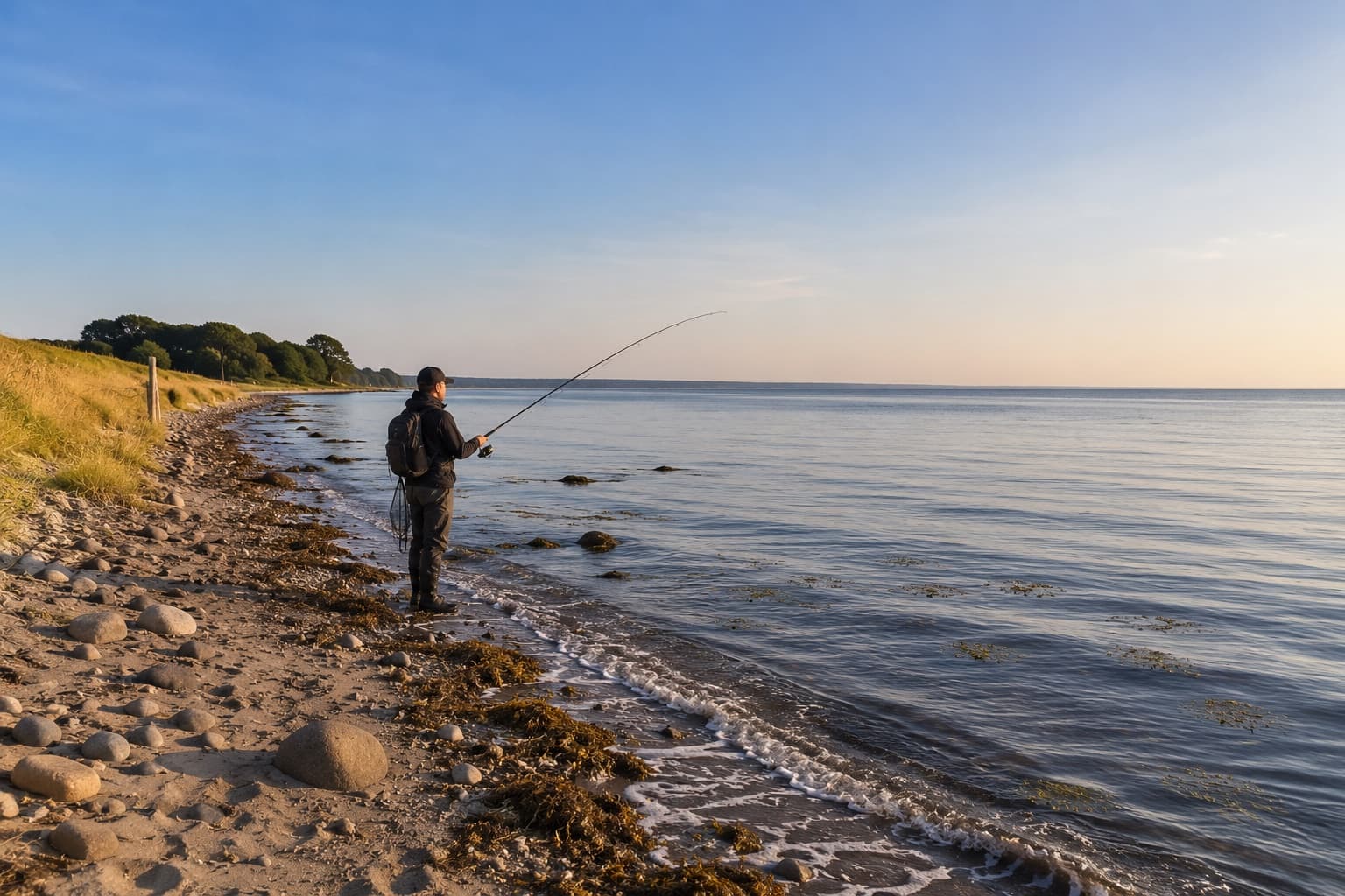 Lystfisker ved kysten ved Dageløkke Strand i morgenlys