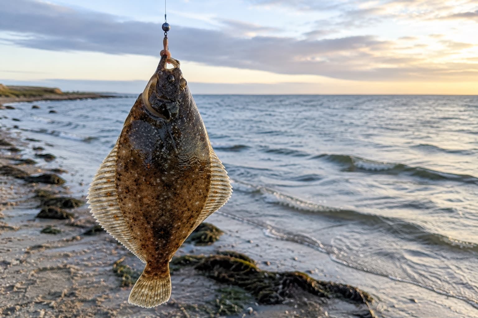 Fladfisk hænger på forfanget foran en rolig kyst i aftenlys