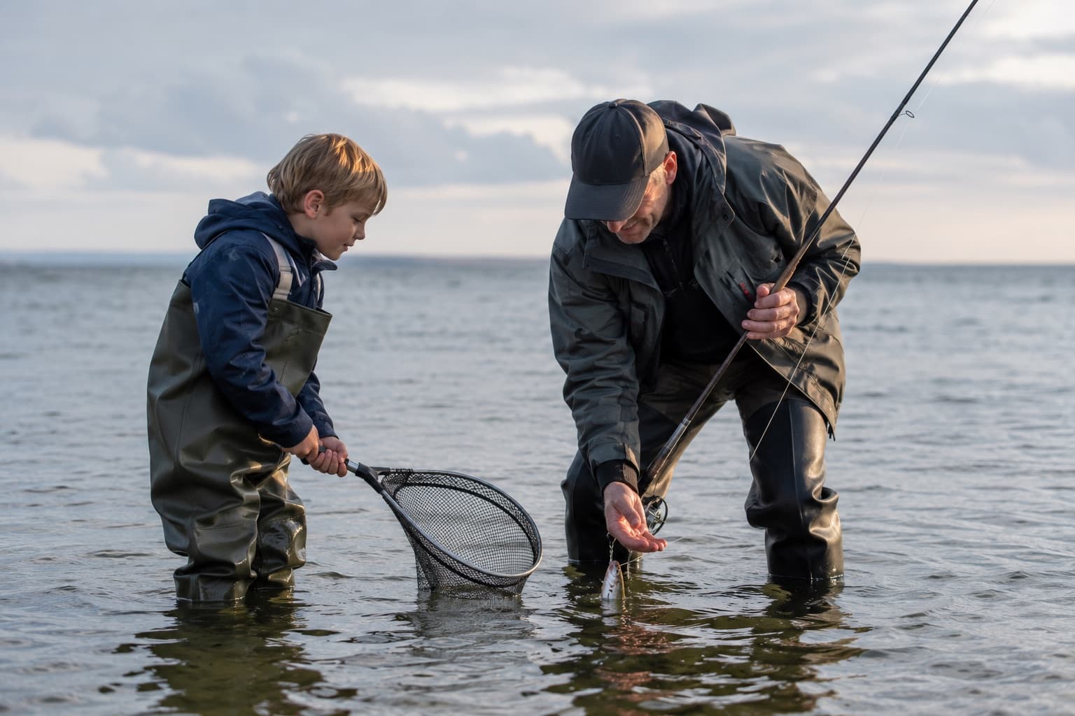 Barn holder fangstnettet klar, mens en voksen lander en fisk i lavt vand
