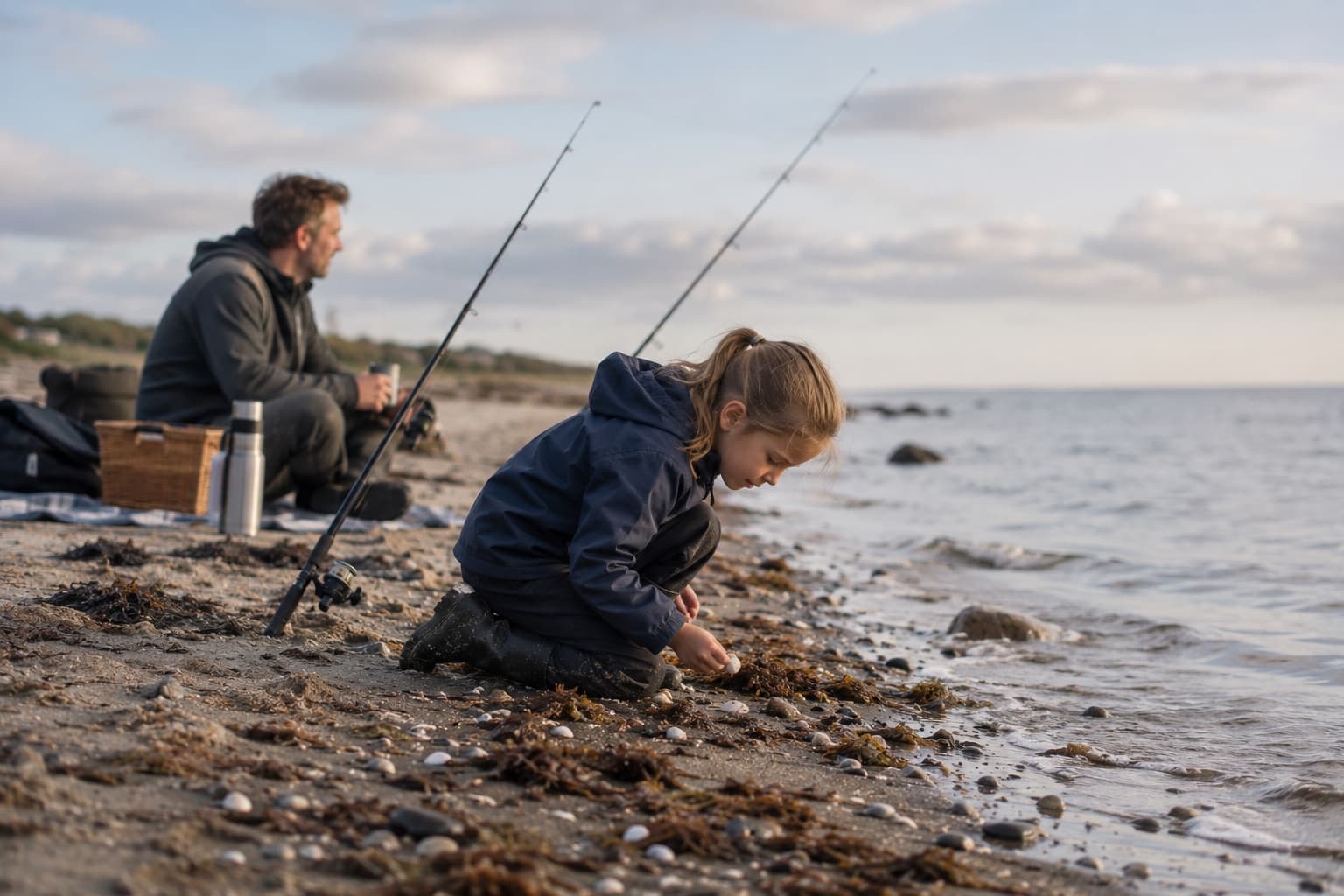 Pige udforsker stranden ved vandkanten, mens en voksen sidder ved fiskestængerne med kurv og termokande