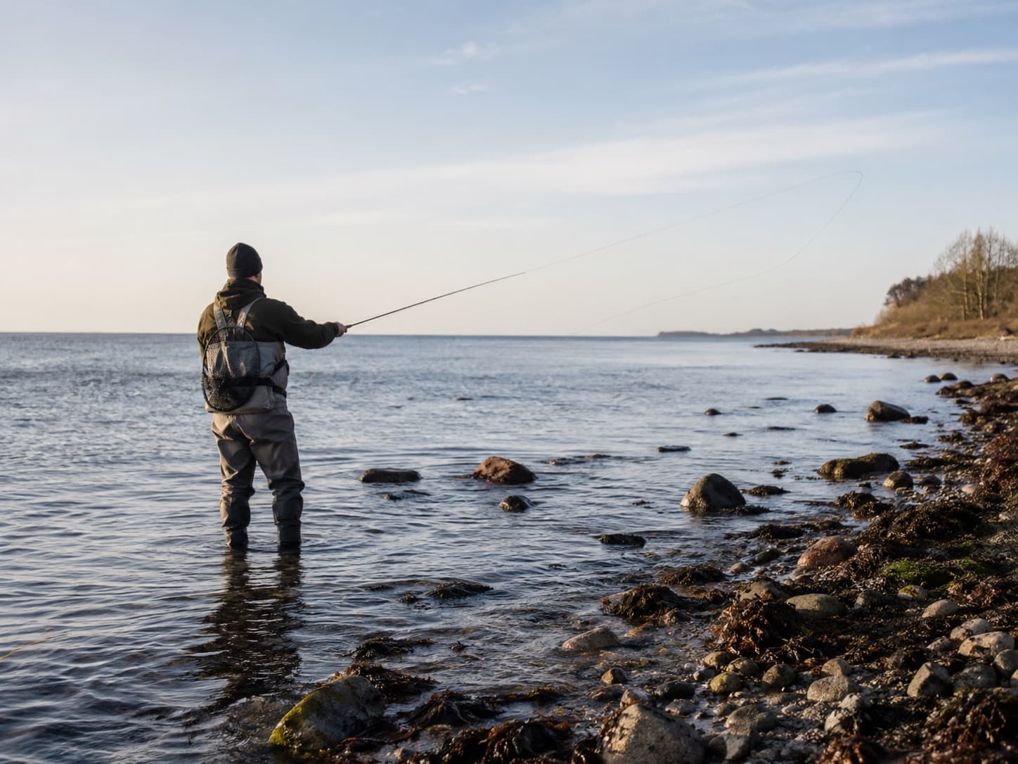 Fluefisker kaster ud fra en lavvandet flade langs Nordlangelands kyst, med skovklædt kystlinje i baggrunden