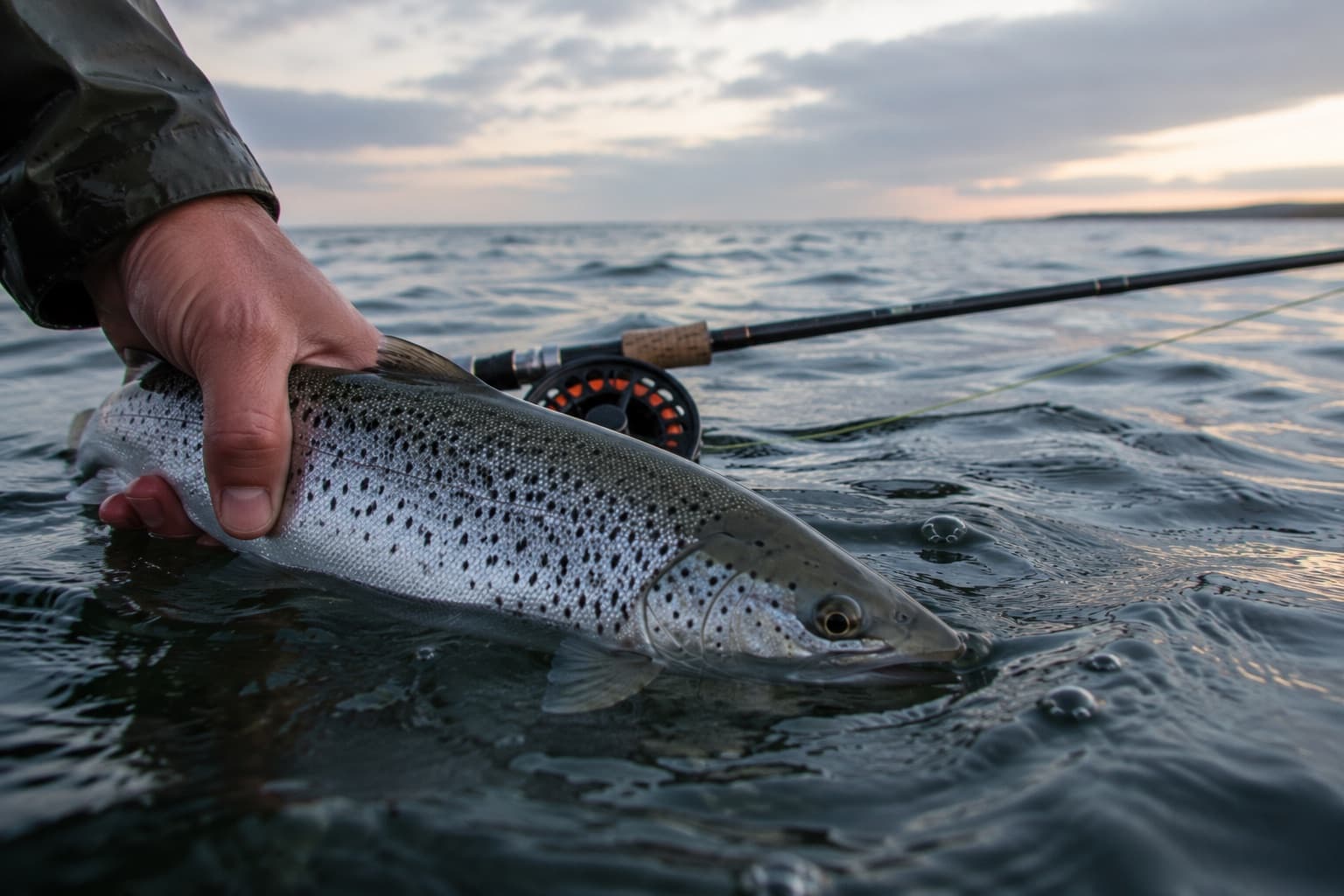 Nyfanget havørred holdes forsigtigt lige over vandet, med fluestang og hjul i baggrunden ved solnedgang