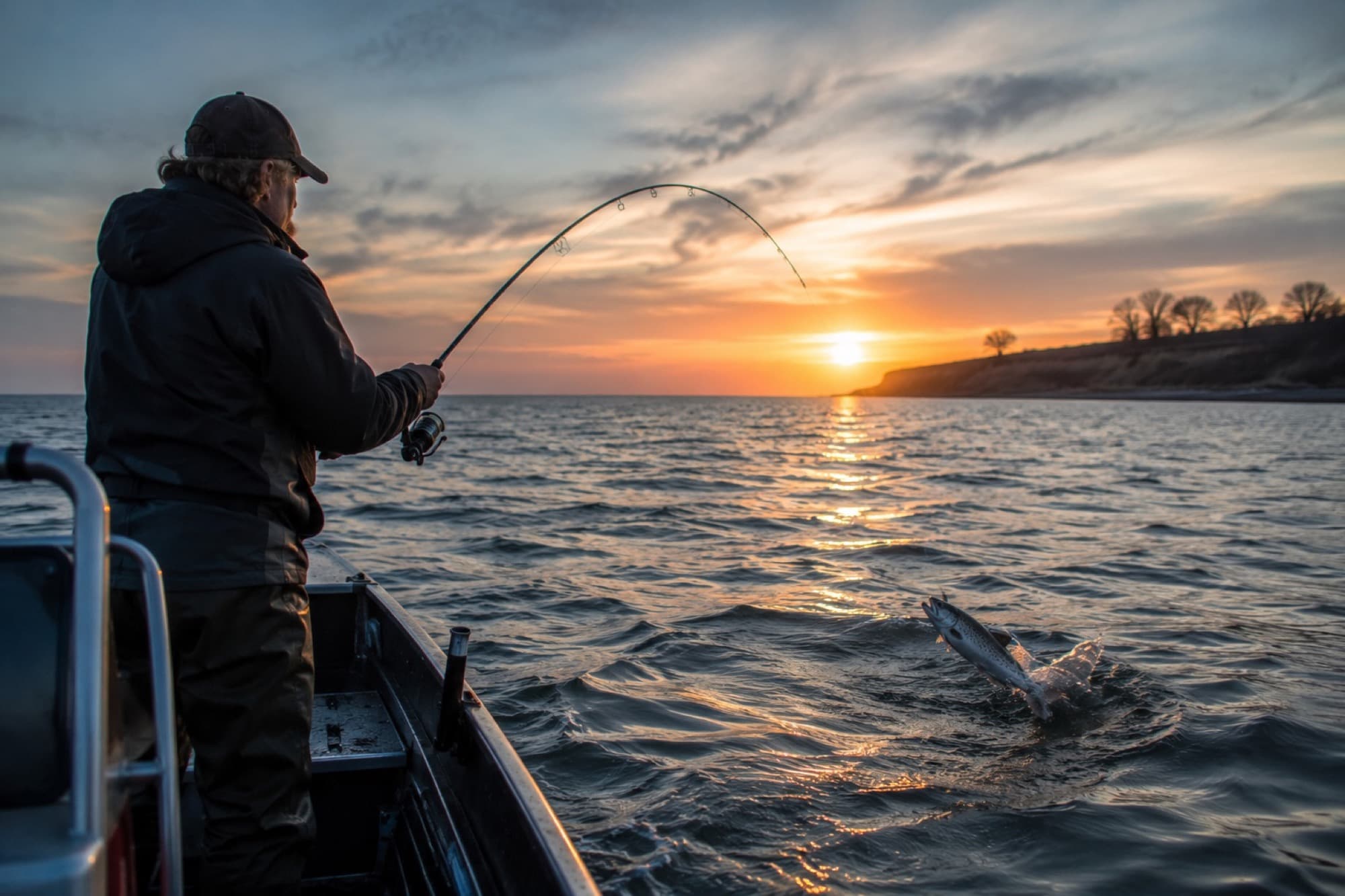 Havørred springer ud af vandet ved solnedgang, mens en lystfisker fighter den fra en båd