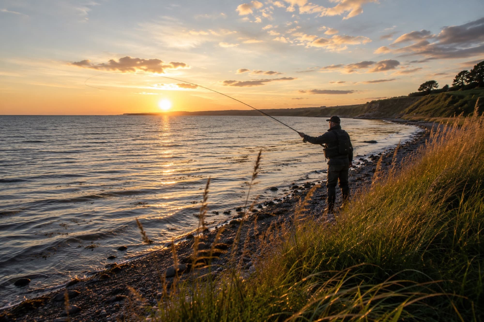 Fluefisker kaster ud efter havørred i solnedgang med linen bøjet ud i en stor bue
