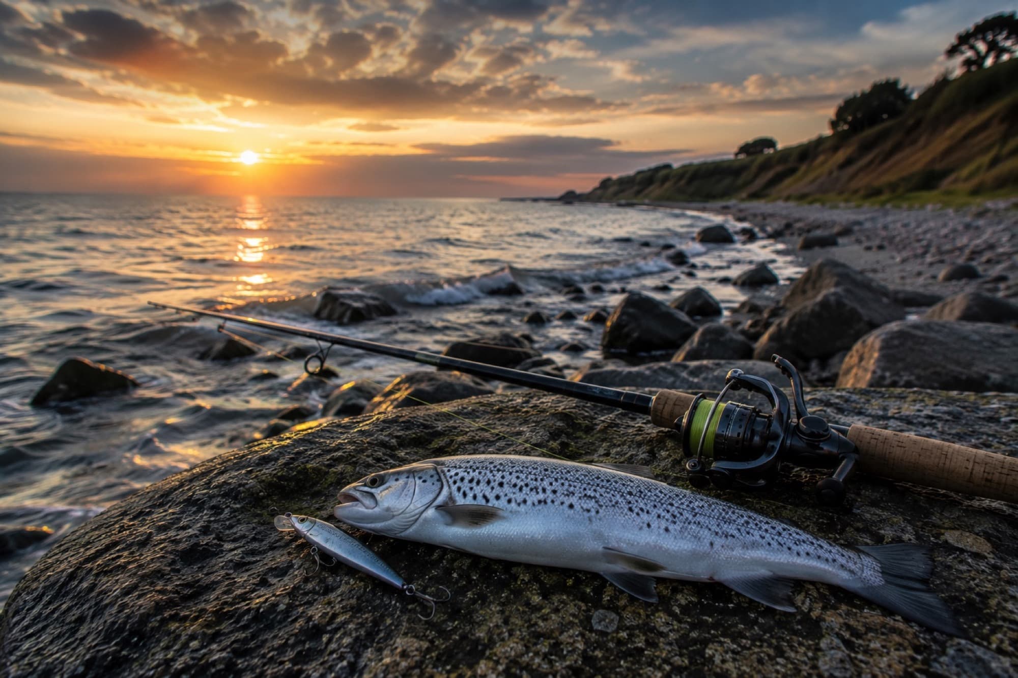 Nyfanget havørred ligger på en sten ved kysten i solnedgang sammen med stang og blink
