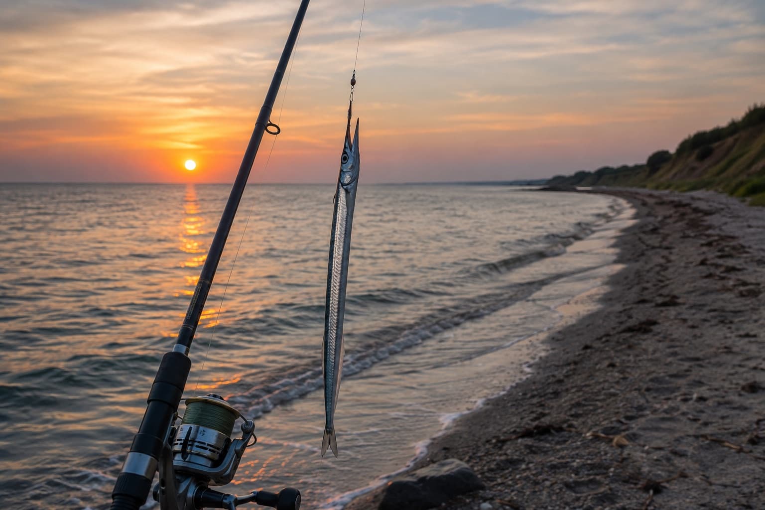 Hornfisk på krogen ved solnedgang langs Nordlangelands kyst