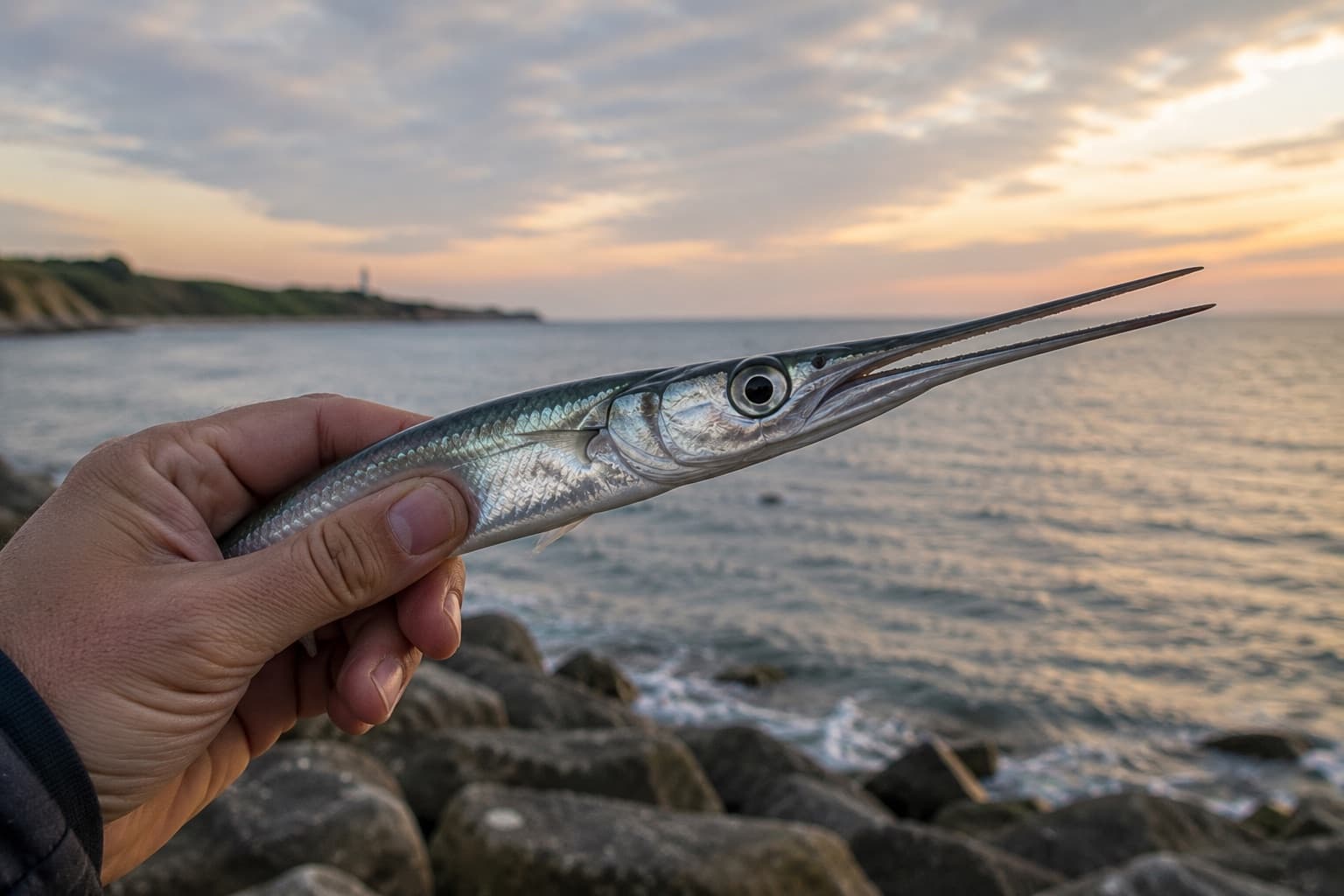 Nærbillede af en hornfisk holdt forsigtigt i hånden med havet i baggrunden