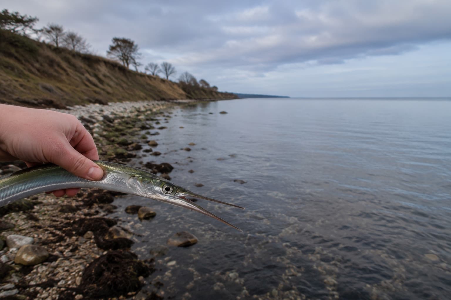 Hornfisk holdt frem ved en stenet kyststrækning på Nordlangeland