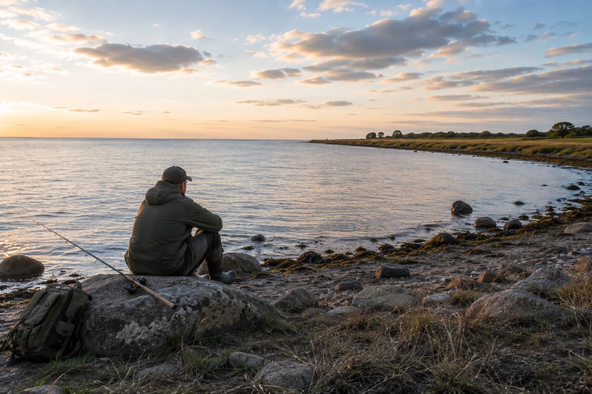 Lystfisker sidder og hviler på en sten ved vandkanten med stang og rygsæk ved siden af sig