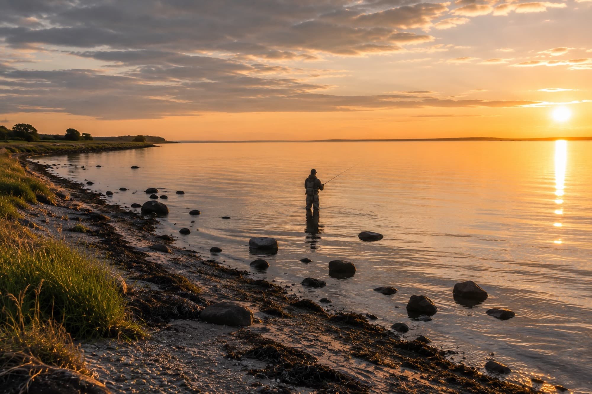 Lystfisker vader i vandet og kaster ud i det bløde lys ved solnedgang