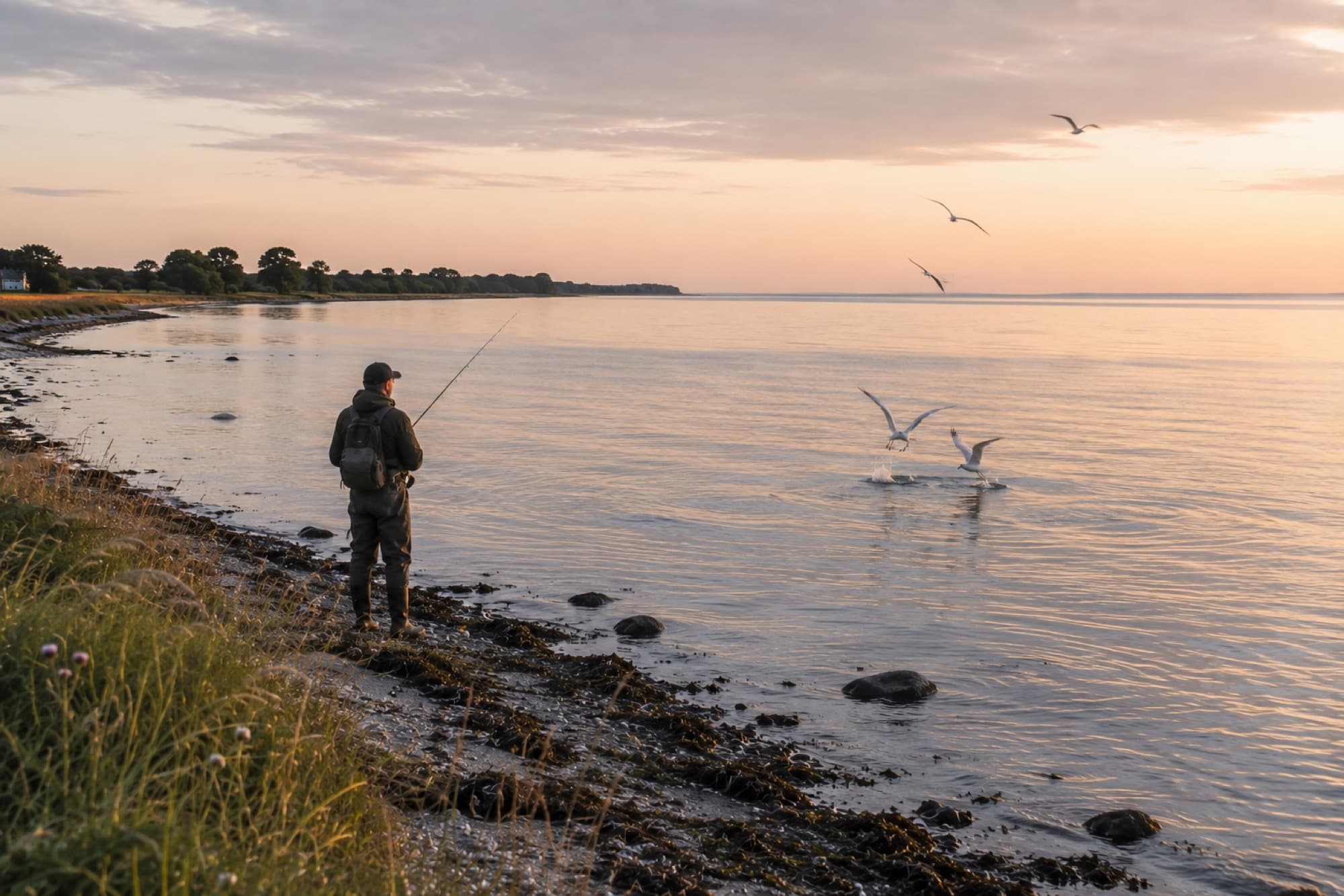 Måger dykker efter småfisk tæt på en lystfisker, der kaster ud ved solnedgang