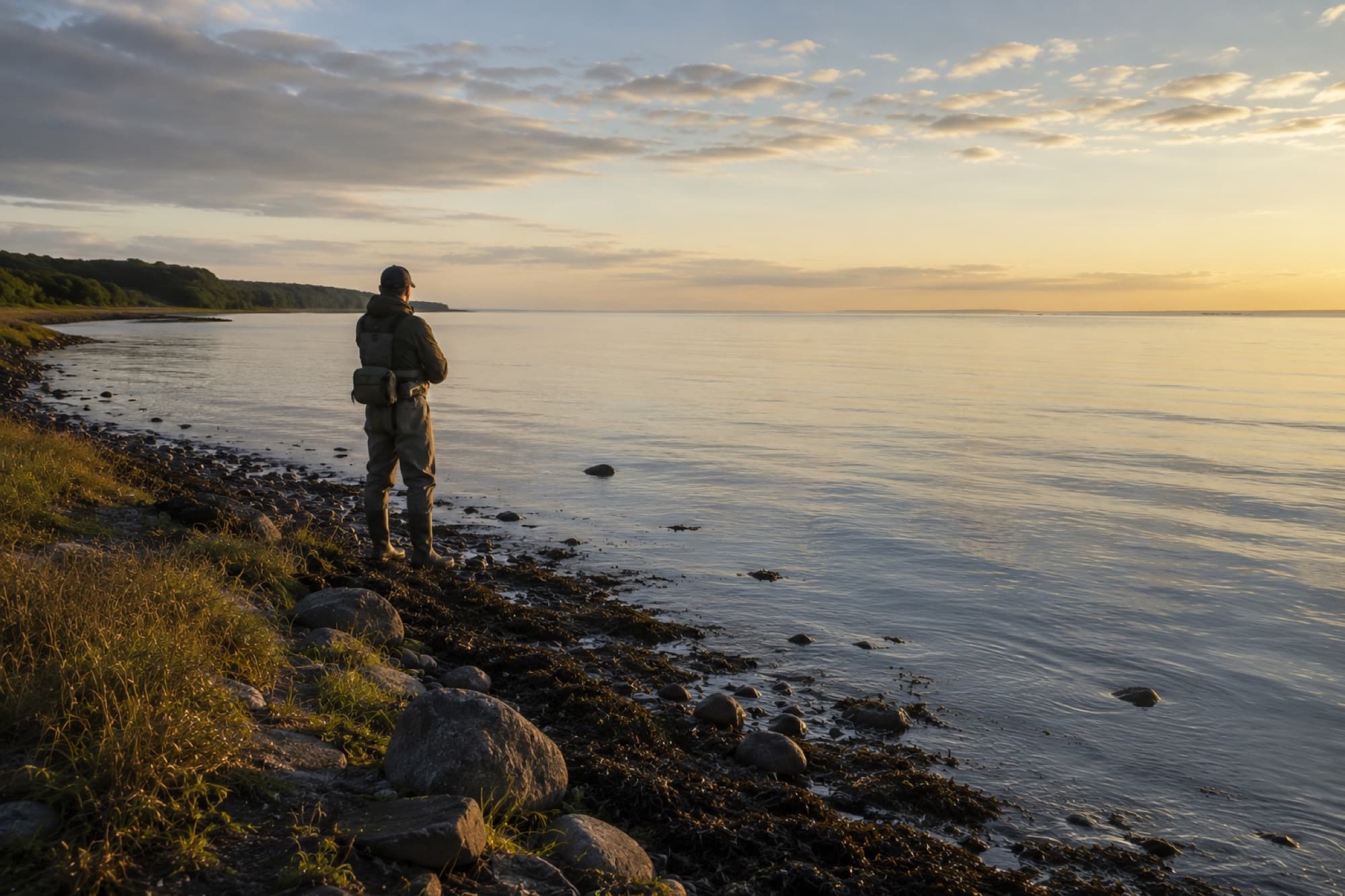 Lystfisker står stille og kigger ud over det rolige hav ved solnedgang
