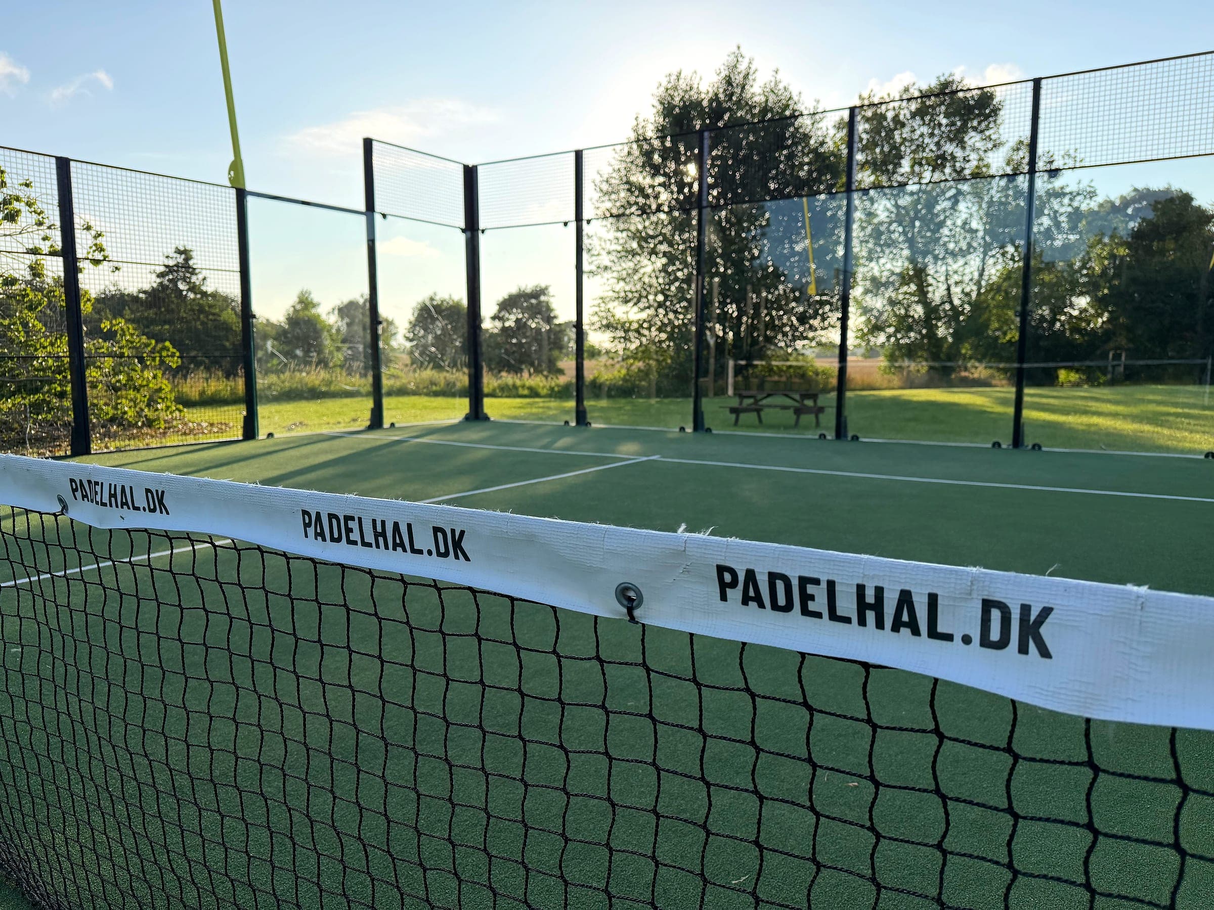 Net og glasvægge på padelbanen med bænk og grønt område i baggrunden
